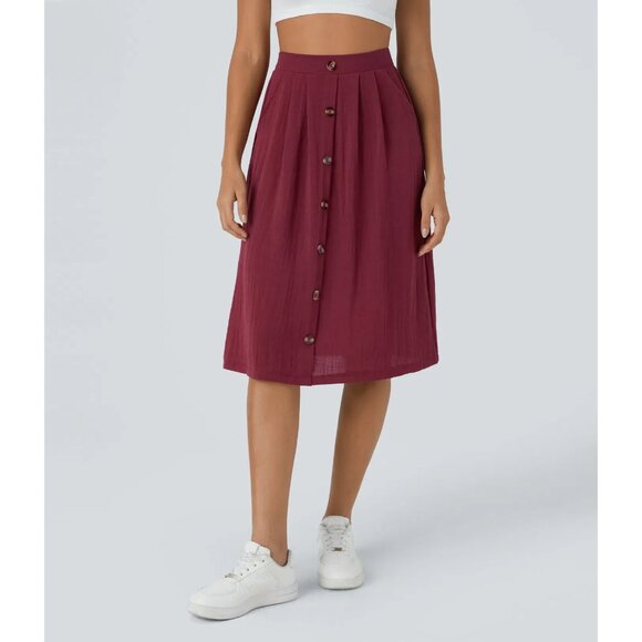 Halara High Waisted Pomegranate A-Line Midi Skirt With Button Front & Pockets - Picture 1 of 1